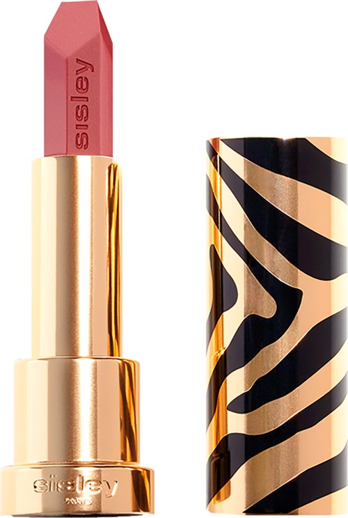 A lipstick with a pink shade, gold base, and zebra print cap.