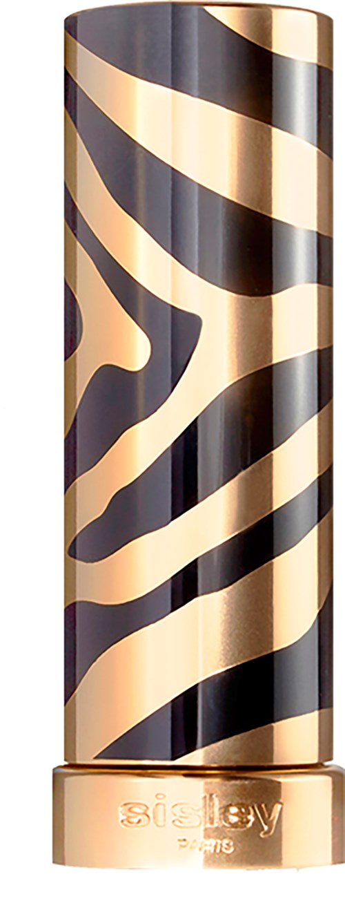 A cylindrical container with a black and bronze zebra stripe pattern and a gold base.