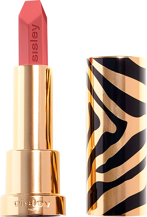 A pink lipstick with a gold tube and a zebra-patterned cap.