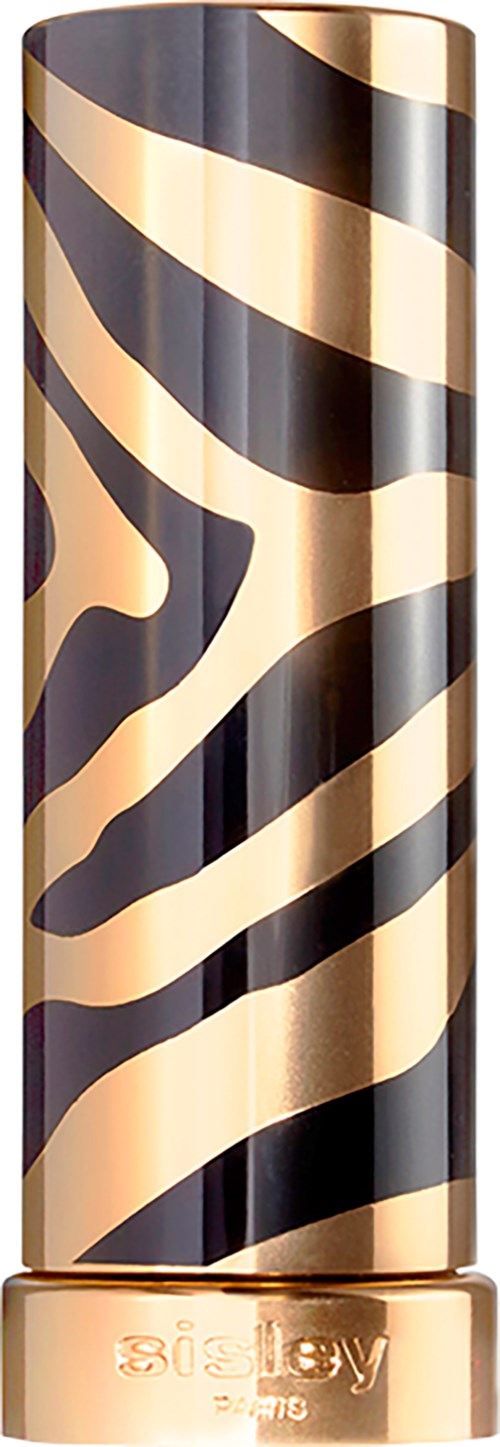 A tall cylindrical object with a black and gold zebra stripe pattern and a gold base.