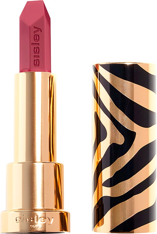 A pink lipstick with the brand name 'Sinsley' on it and a black and beige zebra pattern casing.