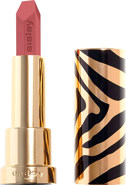 A lipstick with a pink color, gold tube, and a zebra pattern case.