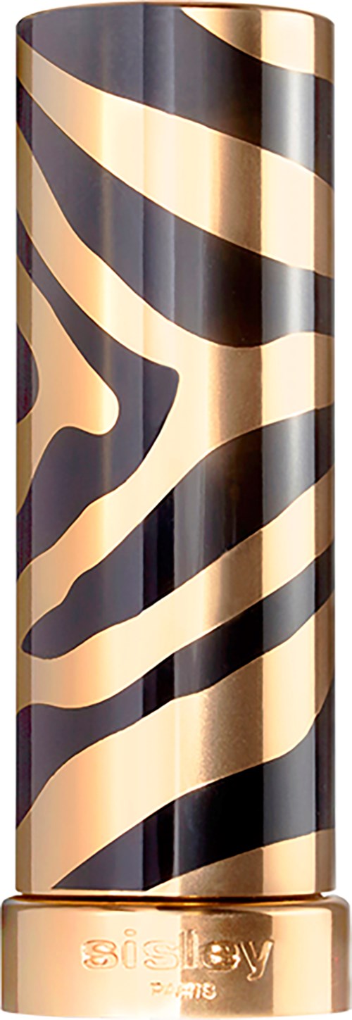 Een lange cilindervormige voorwerp met een goud- en zwart zebra patroon, mogelijk een lippenstift of cosmeticaverpakking.