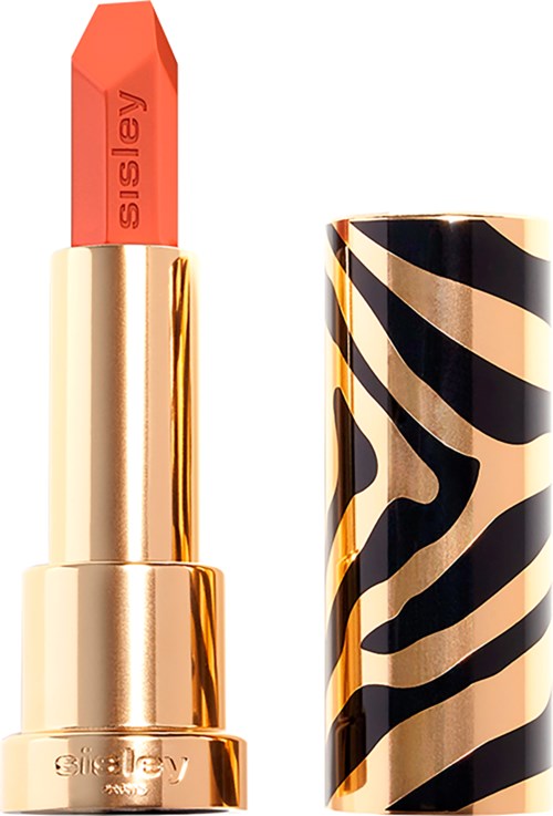 Ett läppstift med röd nyans och märket 'Sisley'. Kapseln har zebra-mönster i svart och beige.