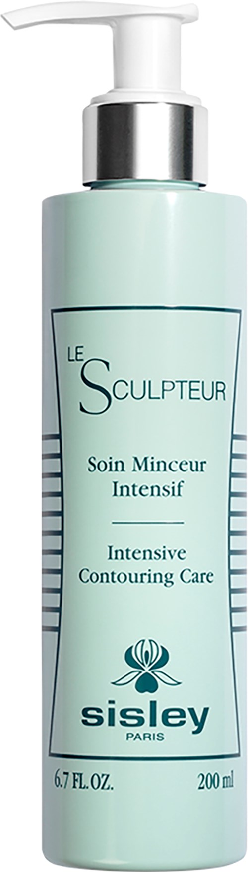 En lys blå flaske med pumpe, merket Le Sculpteur, Sisley Paris, for intensiv konturpleie, 200 ml.