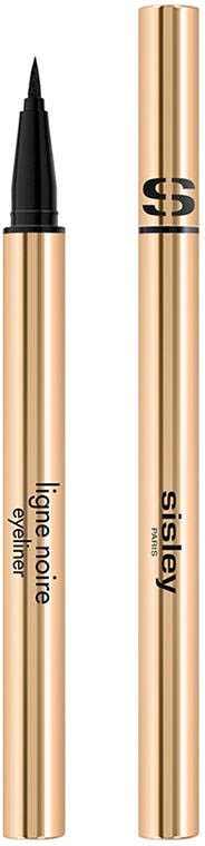 Een gouden ooglijntje met zwarte punt en bijpassende gouden verpakking met 'silsley' en 'lining eye'.