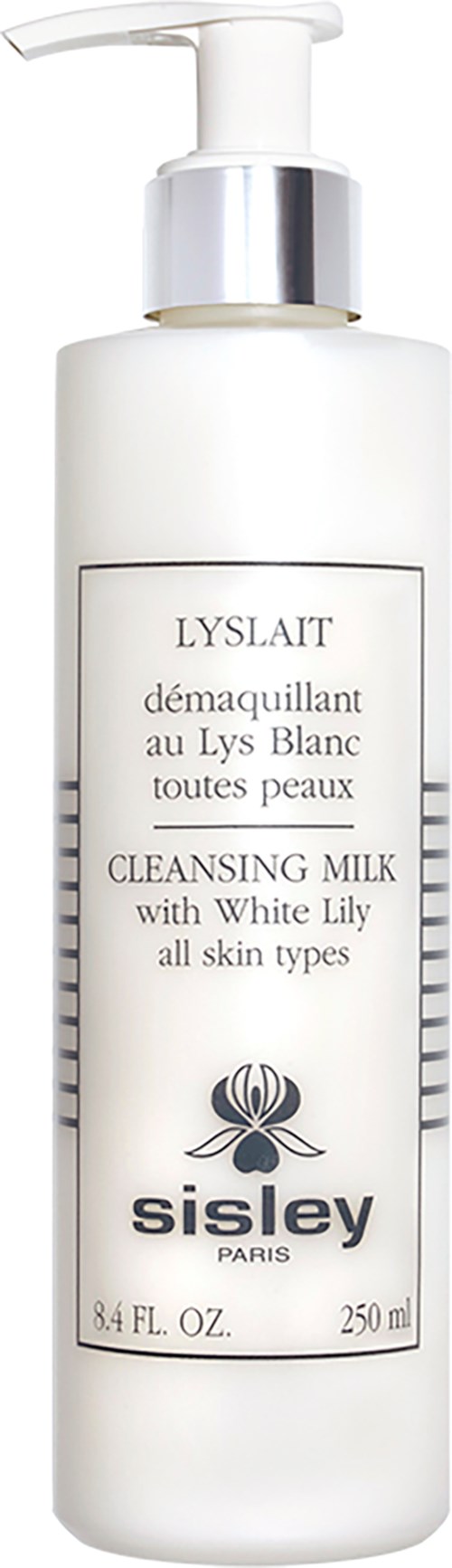 Een witte plastic fles met een pomp, gelabeld als reinigingsmelk voor alle huidtypes, merk Sisley Paris.