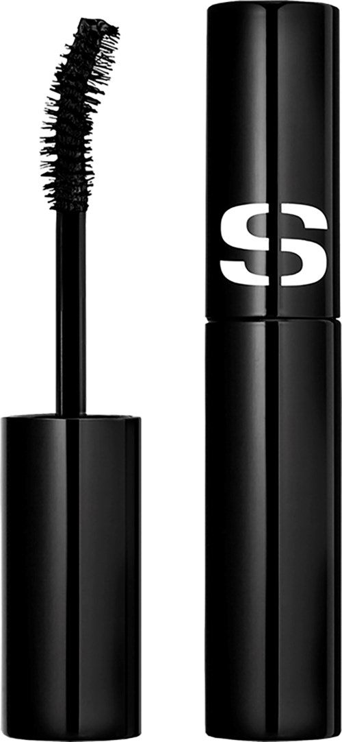 A black mascara tube with a curved brush, standing upright against a white background, with white logo on the cap.