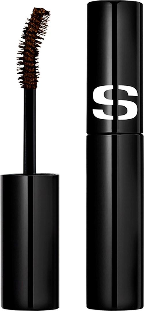 A black mascara tube stands next to an open mascara wand showing brown lashes.