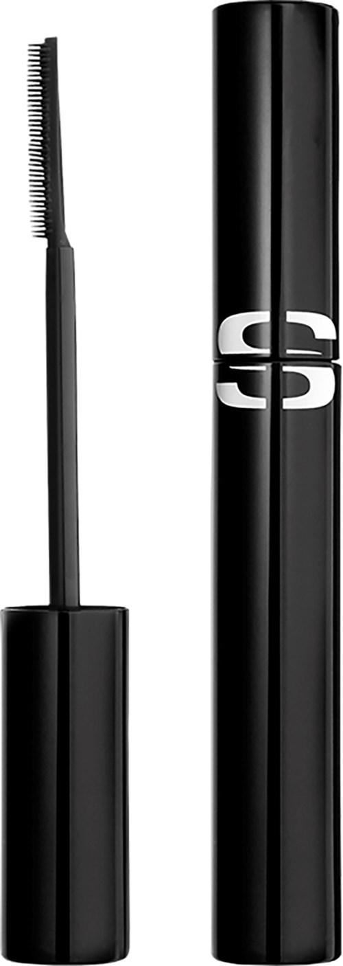 Een zwart mascara-huls met een borsteltje. De huls heeft een wit logo.