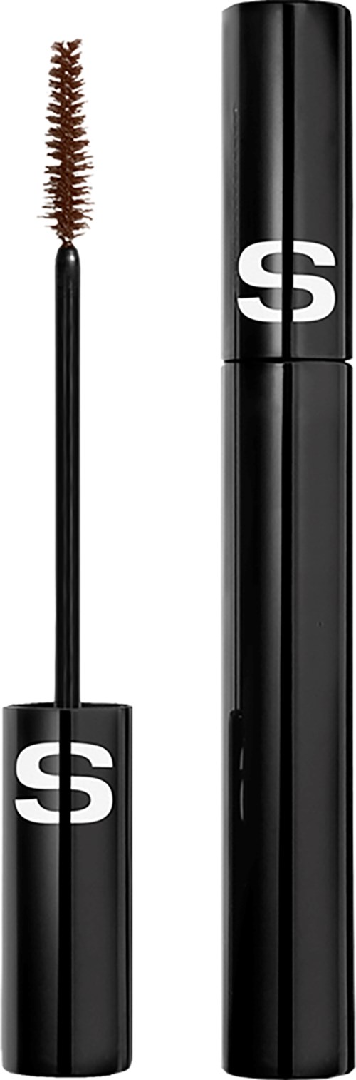 Black mascara tube with a white S logo, and the wand with brown mascara. Sleek and simple design.