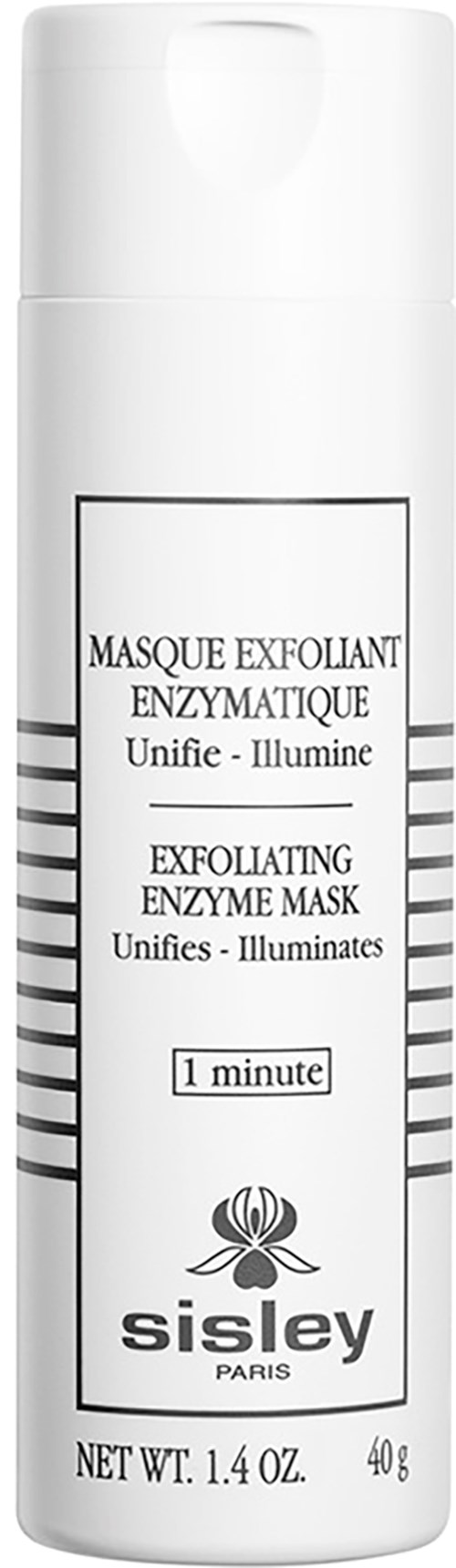 Een witte fles met zwarte tekst voor een exfoliërende enzymmasker van Sisley Paris, gebruiksduur 1 minuut.