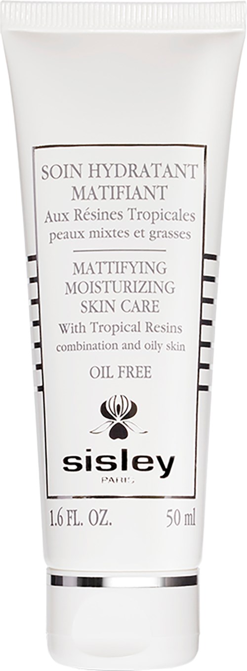 Een witte tube met Sisley matte hydraterende huidverzorging met tropische harsen, voor vette en gemengde huid, olievrij, 50 ml.