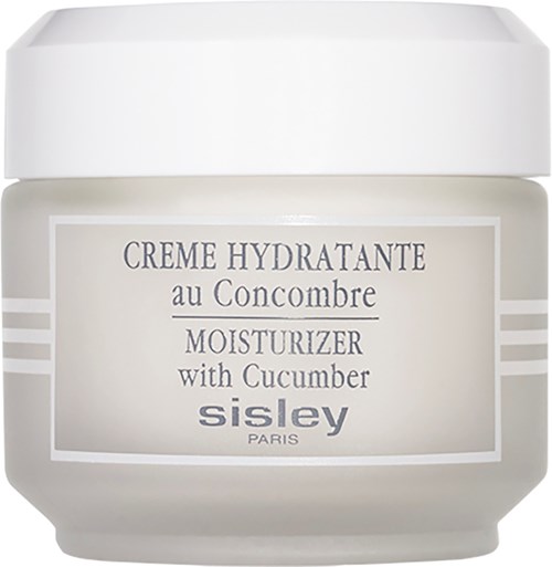 Een witte pot met labels voor komkommer hydraterende crème van Sisley Paris.