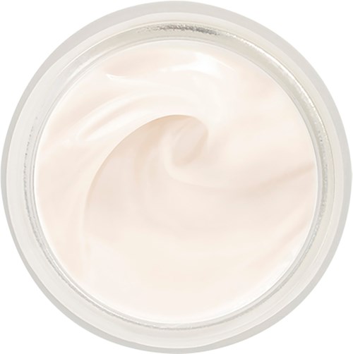 Een pot met witte, romige lotion of crème erin. De crème heeft een gladde, gesponnen oppervlak.