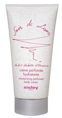 A white tube with pink text and sparkles for body cream, labeled as moisturizing and perfumed, from Sisley Paris.