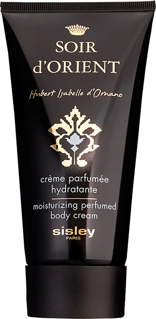 Black tube of moisturizing perfumed body cream with gold and white text, brand name Sisley Paris, and floral logo.