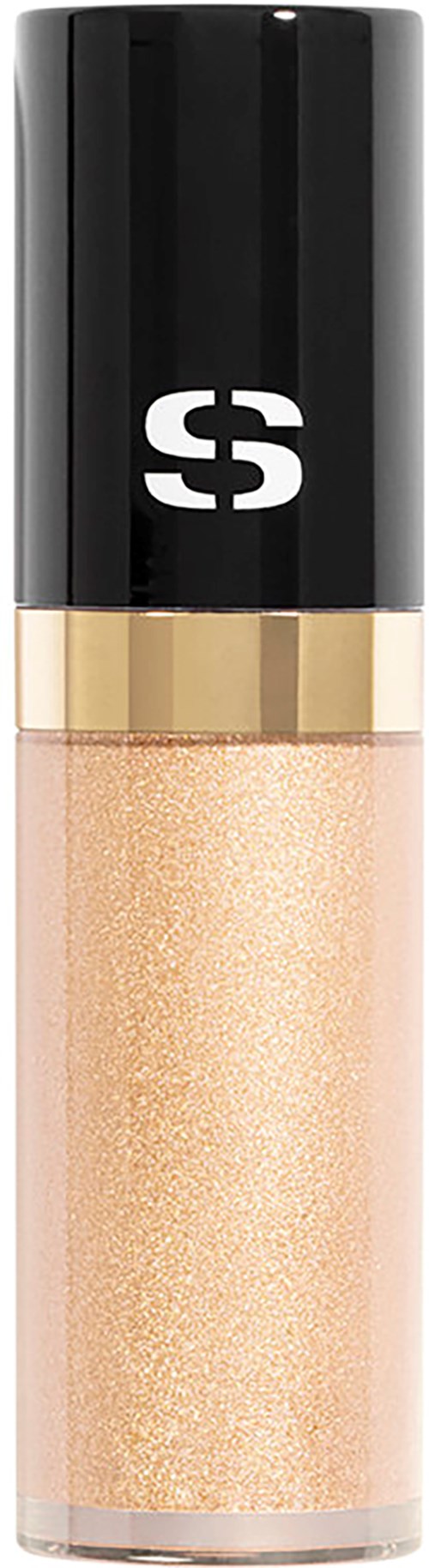 A small, cylindrical makeup bottle with a black cap and gold band, filled with shimmery beige product.