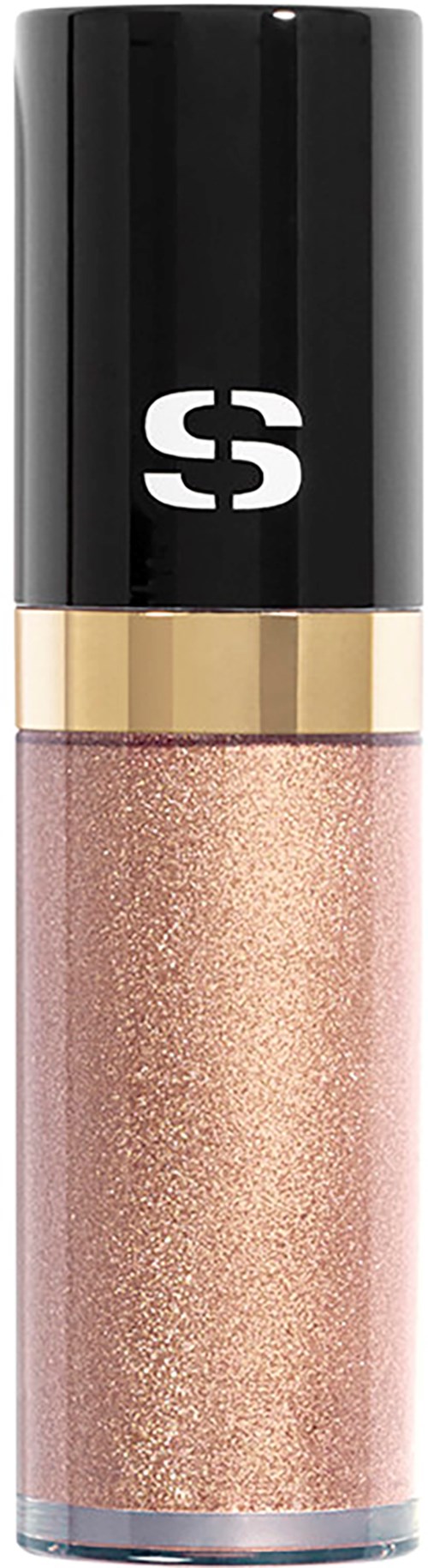A tube with a black cap, gold band, and pink glittery liquid inside. It appears to be makeup or lip gloss.