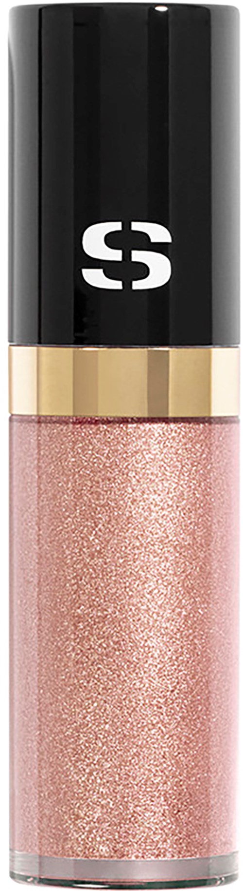 A pink glittery lip gloss tube with a black cap and gold band.