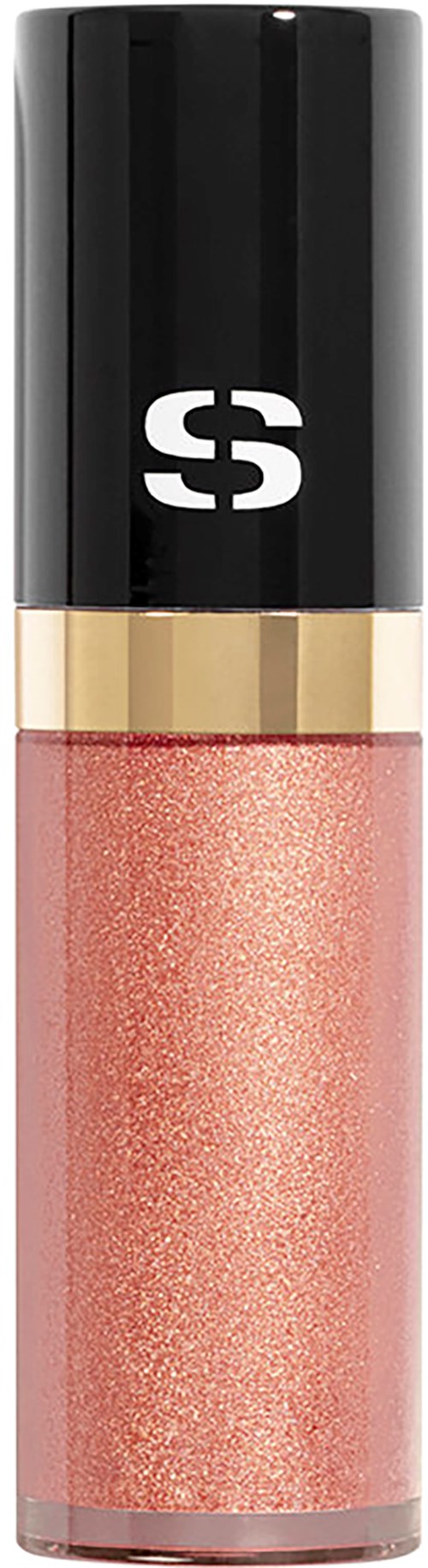 A shiny pink lip gloss with a black cap and gold band. The cap has a white logo.