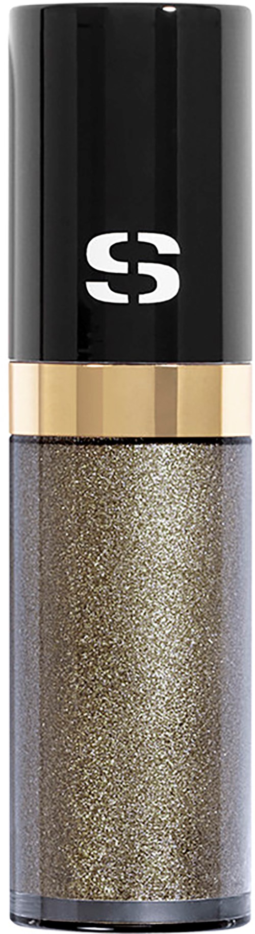A small cylindrical bottle with a black cap and a gold ring. It contains shiny gold shimmer makeup.
