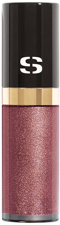 A lipstick tube with a black cap, gold ring, and pink glitter lipstick visible.