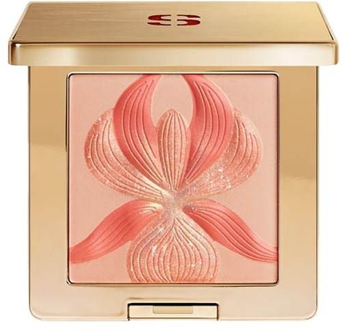 Een roze en gouden make-uppatroon met bloemenontwerp en glanzende afwerking.
