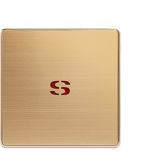 A gold-colored square compact with a red logo on the lid.