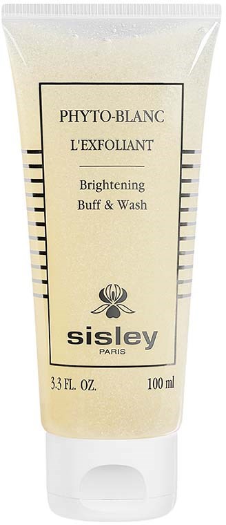 Een tube van Sisley Brightening Buff & Wash met zwart-wit gestreept ontwerp, tekst en logo.