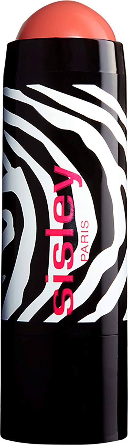 Een lippenstift met zebra uitvoering en de tekst 'SIsley' in roze, op een zwart-wit achtergrond.