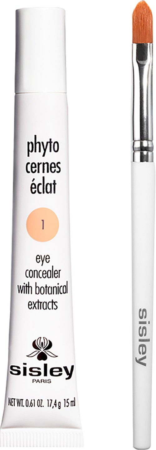 A tube of eye concealer and a brush are shown, used for makeup, with text describing the product and brand.