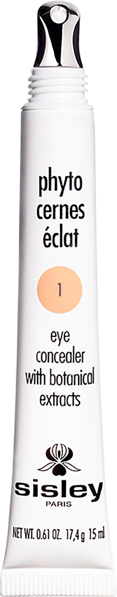 A white tube of Sisley eye concealer with black and silver cap, labeled with product details and natural extracts.