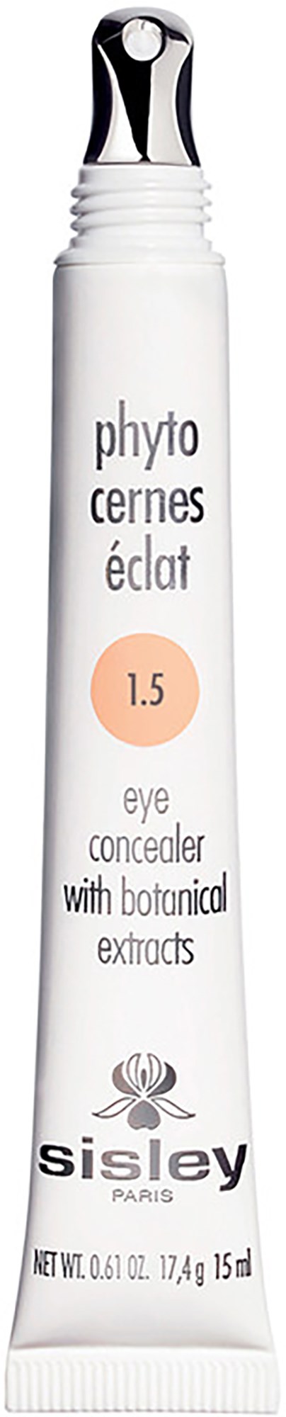A white tube with black cap, labeled as eye concealer with botanical extracts, by Sisley Paris, 15 ml.