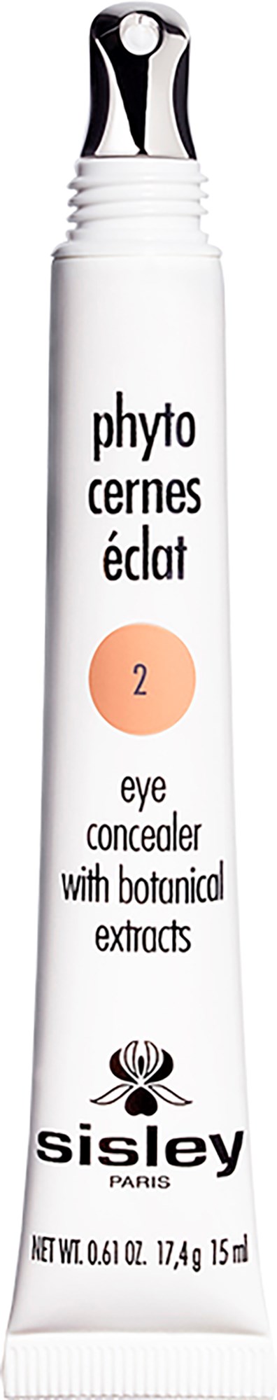 A white tube of eye concealer with a black and silver cap. It has text and a small logo on it.