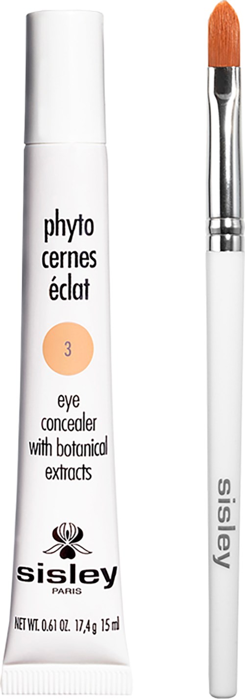 Eine Tube Augen Concealer neben einem kleinen Pinsel, beide mit Marken- und Produktangaben.