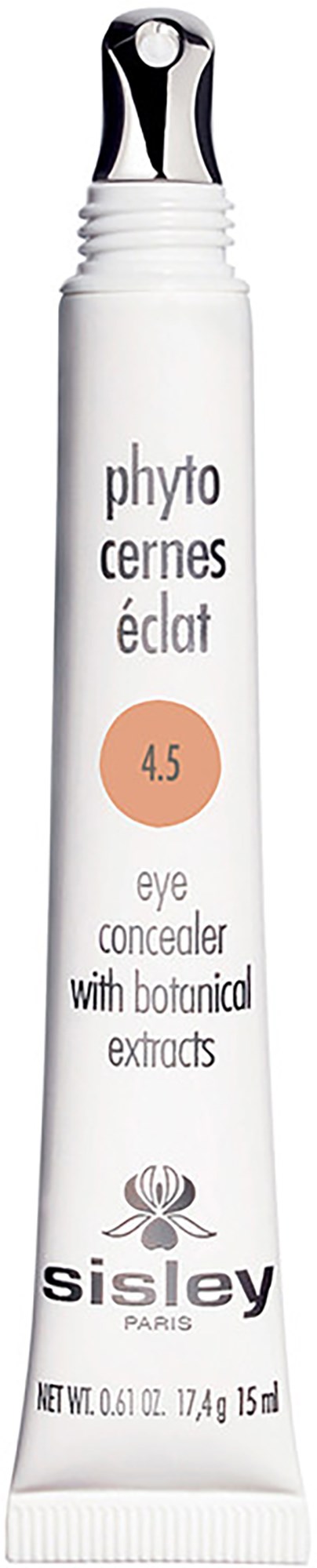 White tube of eye concealer with black cap, labeled 'Sisley Paris' and 'phyto cernes éclat'.