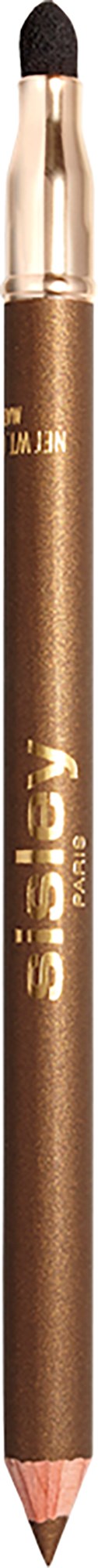 A brown pencil with a gold-colored name and two-tone eraser on top.
