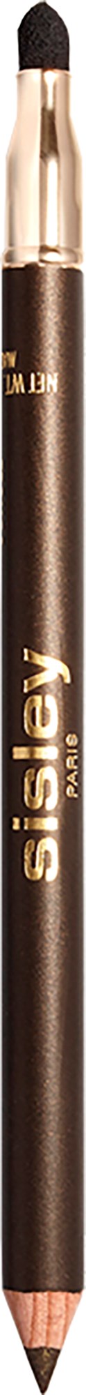 Een make-up potlood met een zwarte body, gouden accenten en een puntige top, gebruikt voor oogmake-up.