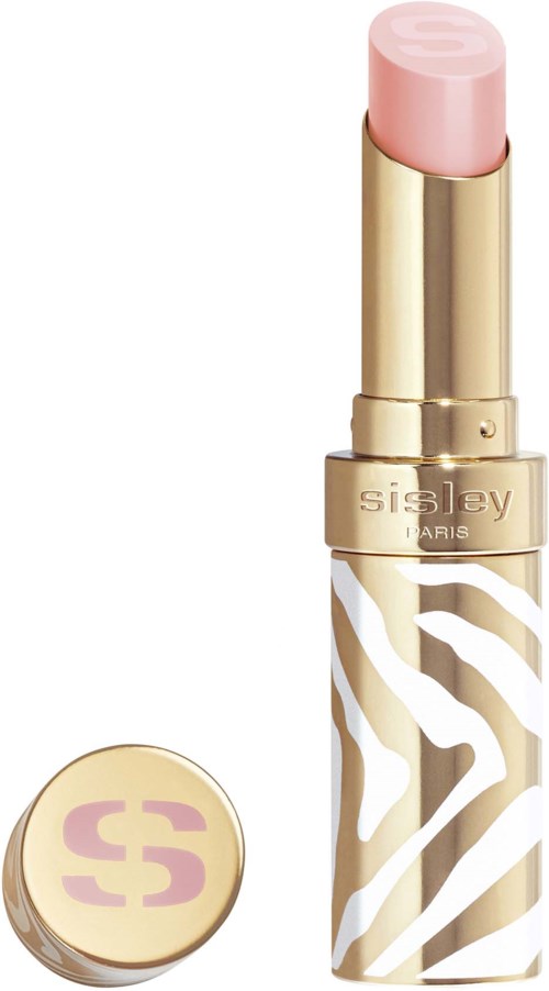 A lipstick with a gold case and a pink top, featuring a zebra stripe pattern on the tube.