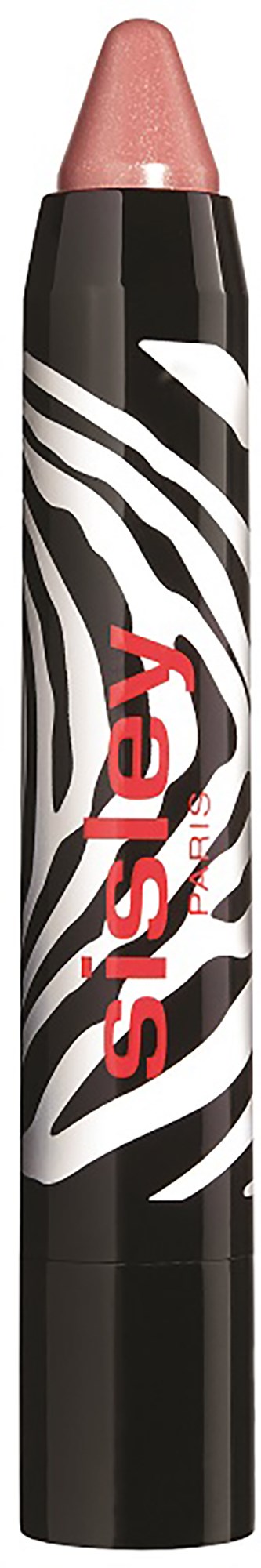 A black and white zebra-striped lipstick with a pinkish lip balm on top, branded with 'sisley' in red.