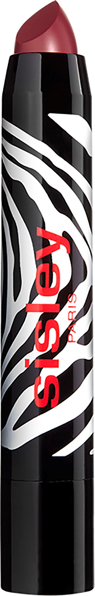 Black and white zebra pattern lipstick tube with red text saying 'sisley'.