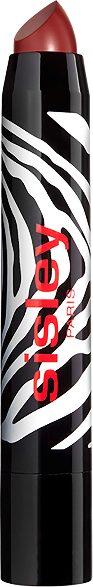 A black and white zebra-striped lipstick tube with red text reading "isay" and a reddish-brown lipstick inside.