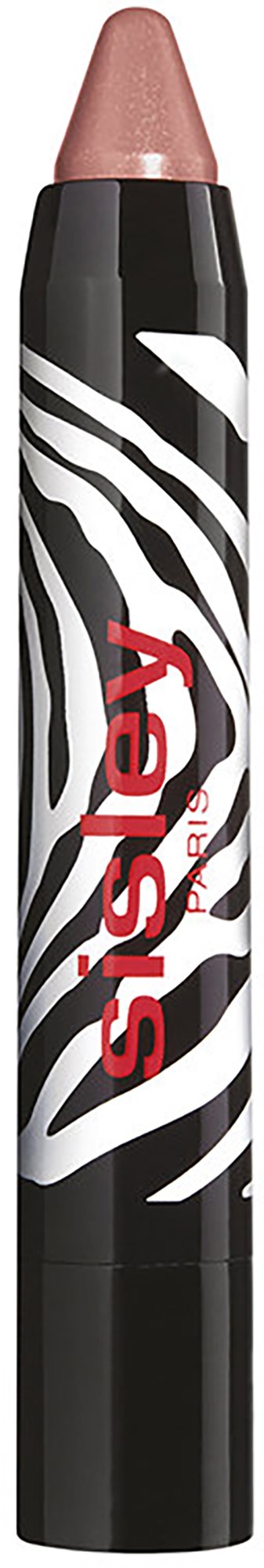 A black and white zebra pattern eyeliner pencil with pinkish cap and red text reading "Sислей".