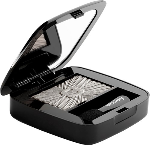 A compact black makeup mirror with a storage compartment filled with numerous silver eyeshadows.