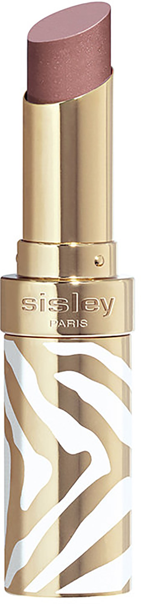 A lipstick with a gold and white striped casing, beige color, and a gold tube. The brand is Sisley Paris.