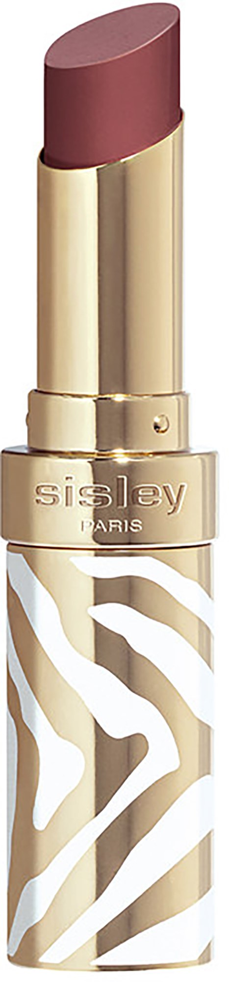 A lipstick with a gold and white striped case and a mauve shade. It is labeled 'Sisley Paris.'