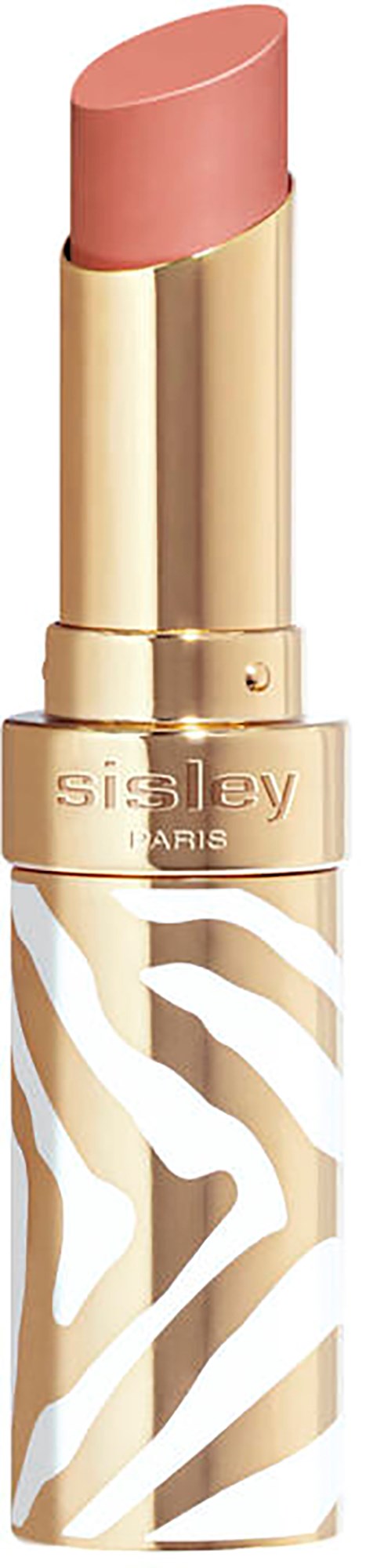 A beige lipstick with white and gold striped cover standing vertically.