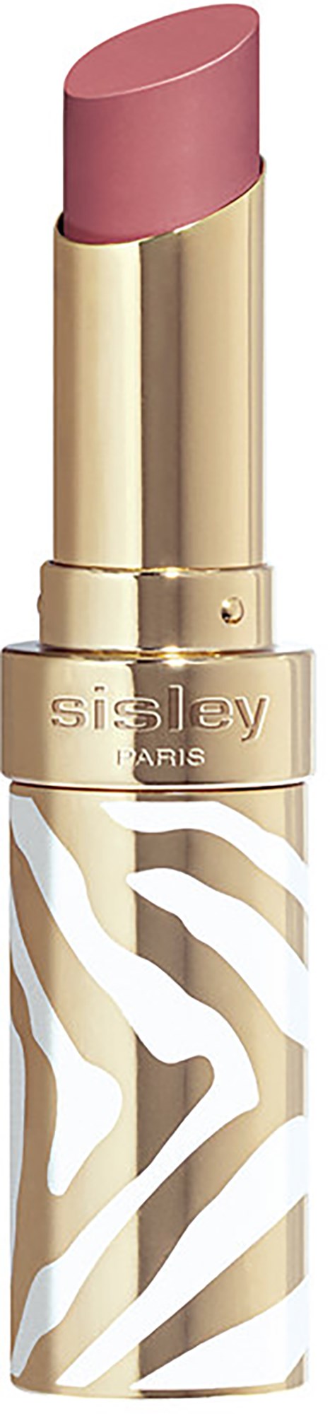 A lipstick with a gold and white patterned case and light pink color. The brand name 'Sisley' is on it.
