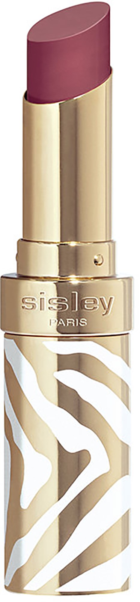 A beige and white striped lipstick tube with a pink lipstick, branded 'Sisley Paris'.
